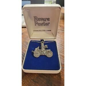 Vintage pewter antique firetruck necklace with stainless chain